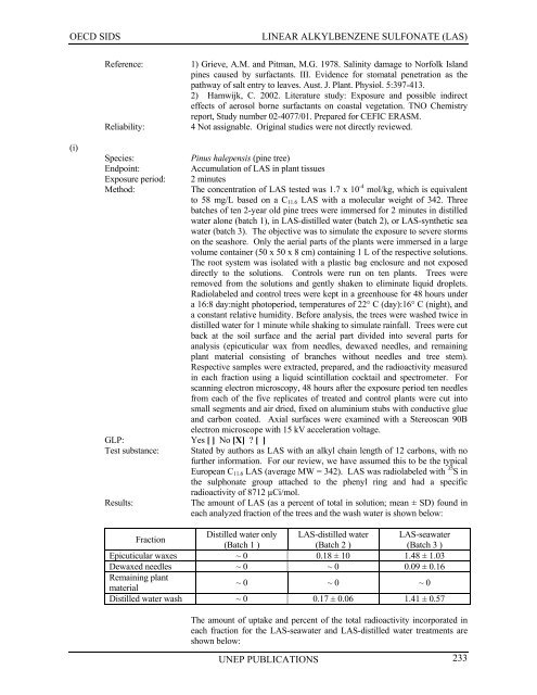 LINEAR ALKYLBENZENE SULFONATE (LAS) - UNEP Chemicals