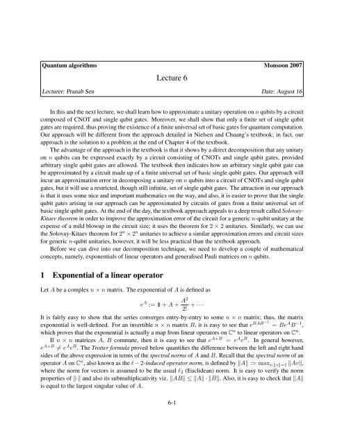 Lecture 6 1 Exponential of a linear operator