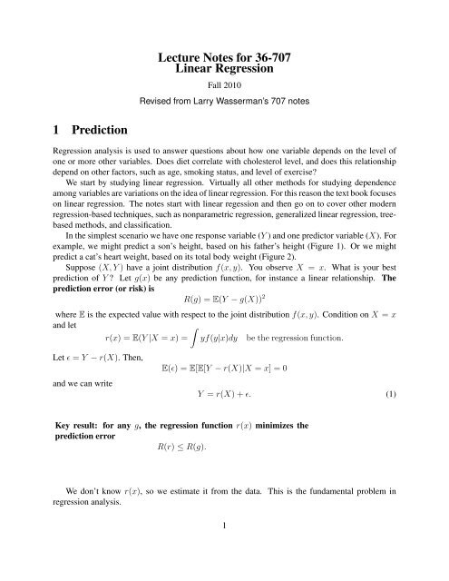 Lecture Notes for 36-707 Linear Regression 1 Prediction