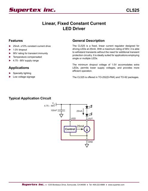 CL525 Linear, Fixed Constant Current LED Driver - Supertex