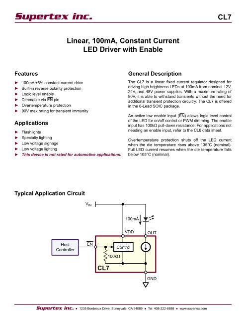 CL7 Linear, 100mA, Constant Current LED Driver with ... - Supertex