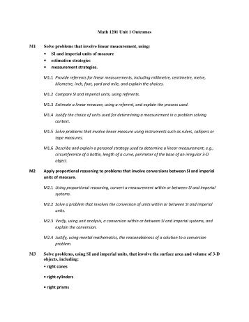 Math 1201 Unit 1 Outcomes M1 Solve problems that involve linear ...