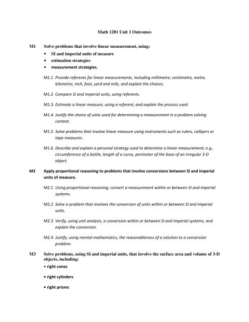 Math 1201 Unit 1 Outcomes M1 Solve problems that involve linear ...