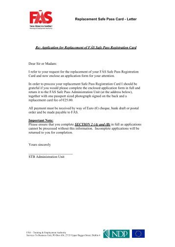 Replacement Safe Pass Card - Letter Re: Application for ... - Fás