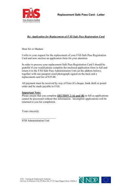 Replacement Safe Pass Card - Letter Re: Application for ... - Fás