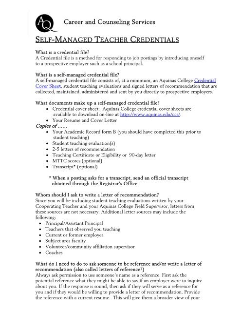 AQ Self- Managed Teacher Credentials - Aquinas College