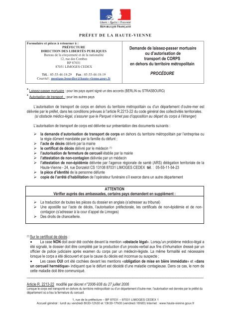 Demande de laissezpasser mortuaire ou d'autorisation  Préfecture