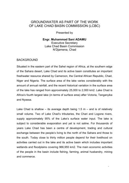 GROUNDWATER AS PART OF THE WORK OF LAKE CHAD BASIN ...
