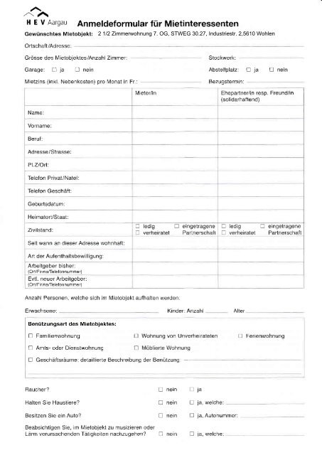 Anmeldeformular f ür Mietinteressenten - mofina.ch