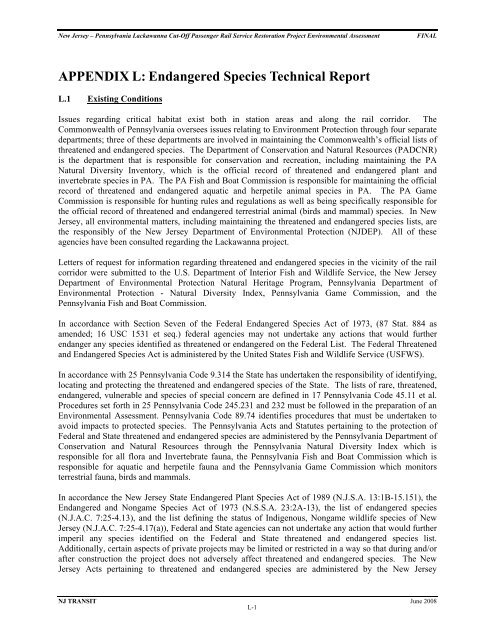 APPENDIX L: Endangered Species Technical Report - New Jersey ...