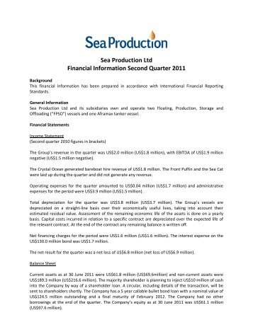 Sea Production Ltd Financial Information Second Quarter 2011