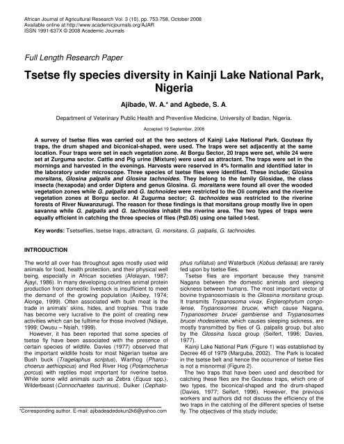 Tsetse fly species diversity in Kainji Lake National Park, Nigeria