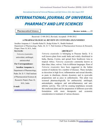 a pharmacological review on vetiveria zezanioides - International ...