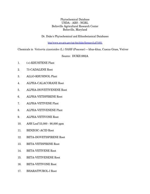 Phytochemical Database USDA - ARS - NGRL Beltsville Agricultural ...