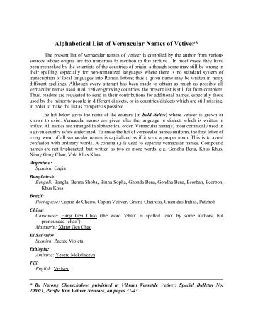 Alphabetical List of Vernacular Names of Vetiver* - The Vetiver ...