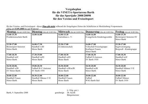 Vergabeplan für die VINETA-Sportarena Barth für das Sportjahr ...