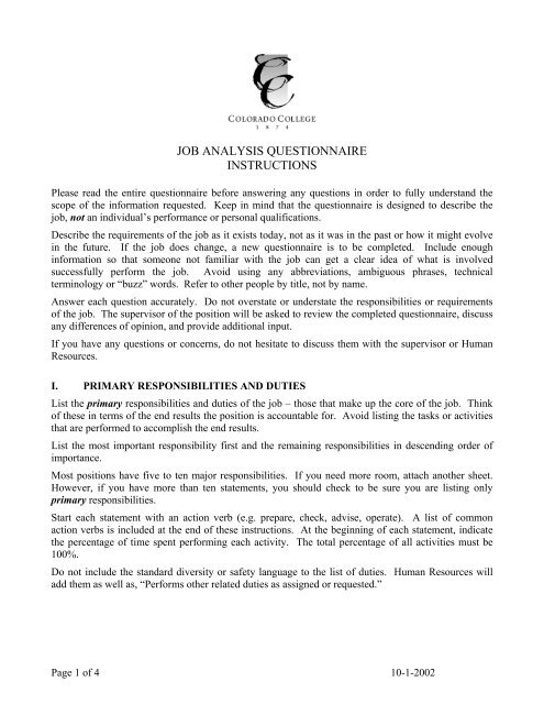Job Analysis Questionnaire Instructions - Colorado College