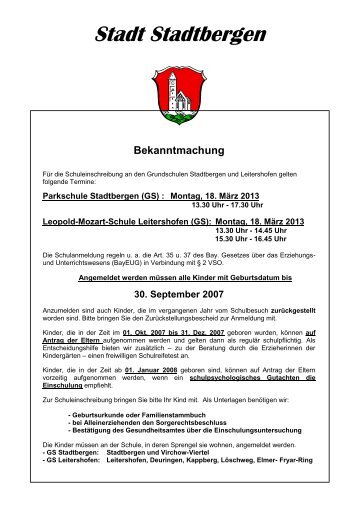 Schuleinschreibung an den Grundschulen ... - Stadt Stadtbergen