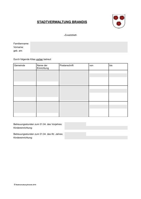 Kita-Anmeldung (Das Formular ist persönlich in der - Stadt Brandis