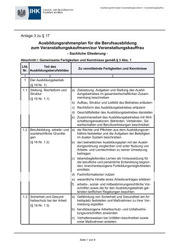 Ausbildungsrahmenplan für die Berufsausbildung - Stadthalle ...