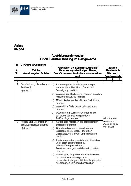 Ausbildungsrahmenplan für die Berufsausbildung im Gastgewerbe