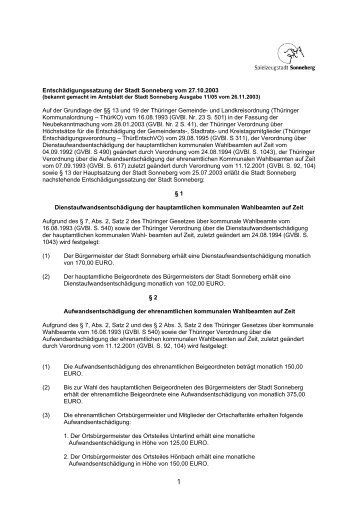 Entschädigungssatzung der Stadt Sonneberg vom 27.10.2003 Auf ...