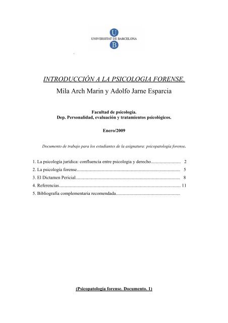 INTRODUCCIÓN A LA PSICOLOGIA FORENSE. Mila Arch Marin y Adolfo Jarne Esparcia