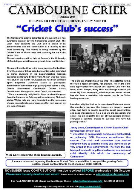 “Cricket Club's success” - Cambourne Information