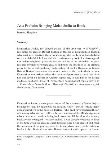 As a Prelude: Bringing Melancholia to Book - Gesnerus