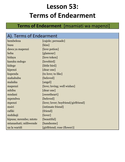 Lesson 53: Terms of Endearment - Swahili