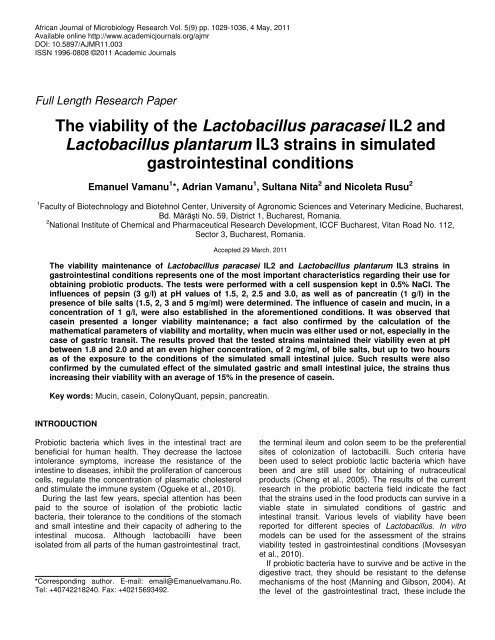 The viability of the Lactobacillus paracasei IL2 and Lactobacillus ...
