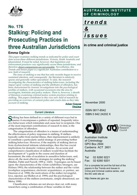 Stalking : policing and prosecuting practices in three Australian ...