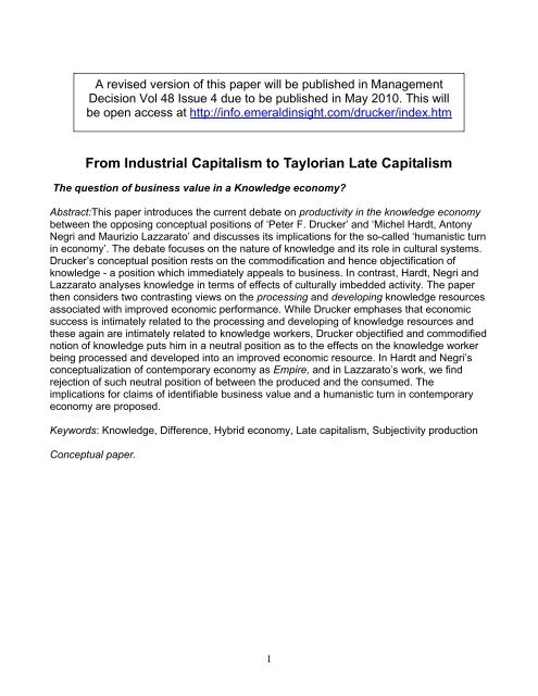 From Industrial Capitalism to Taylorian Late Capitalism