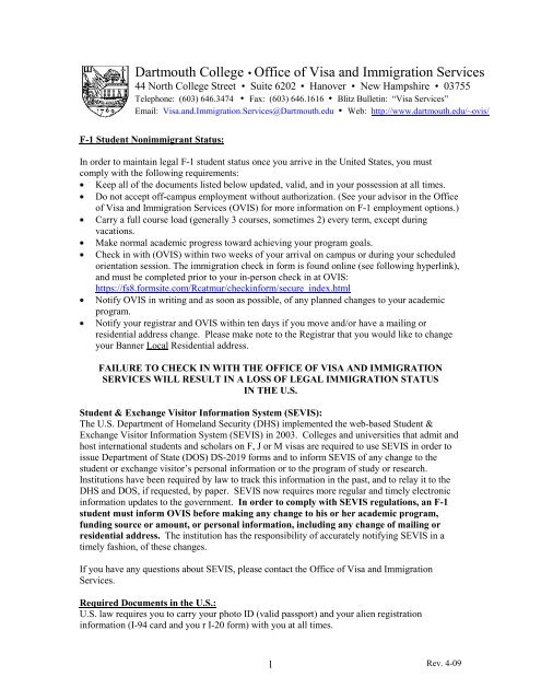 F 1 Status Info Dartmouth College