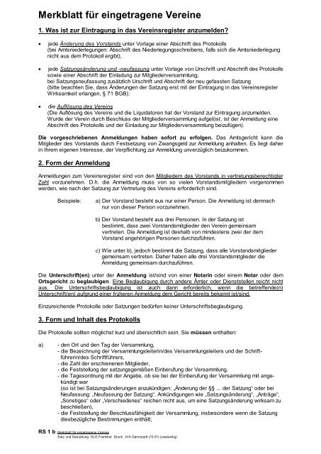 Merkblatt für eingetragene Vereine