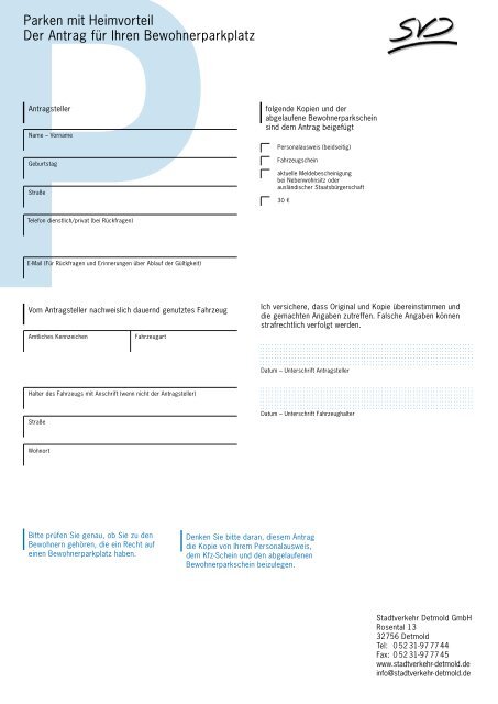 Antrag auf Bewohnerparkplatz - Stadtverkehr Detmold GmbH