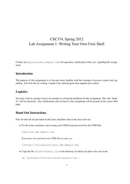 Csc374 Spring 2012 Lab Assignment 1 Writing Your Own Unix Shell