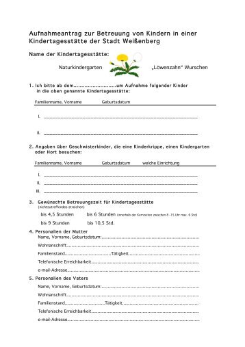 Aufnahmeantrag Kita Wurschen - Stadt Weißenberg