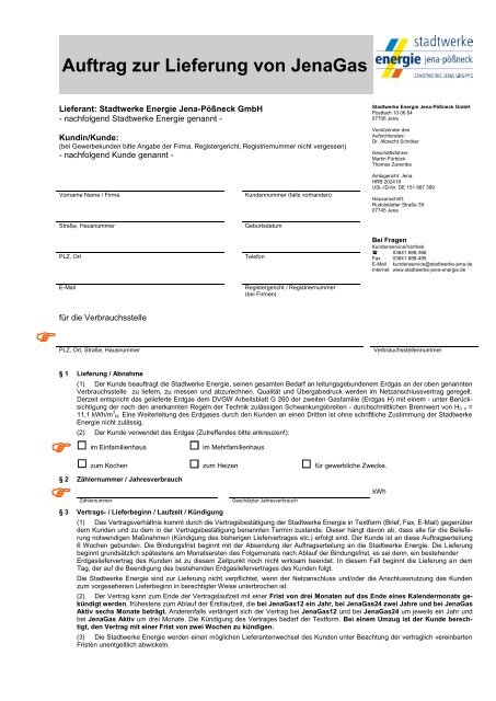 Erdgas Liefervertrag JenaGas - Stadtwerke Jena-Pößneck