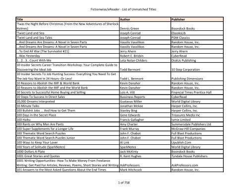 Fictionwise/eReader - List of Unmatched Titles  - Barnesandnoble