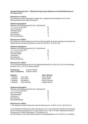 Gefasste Beschlüsse der 1. öffentlichen Sitzung ... - Stadt Wolkenstein