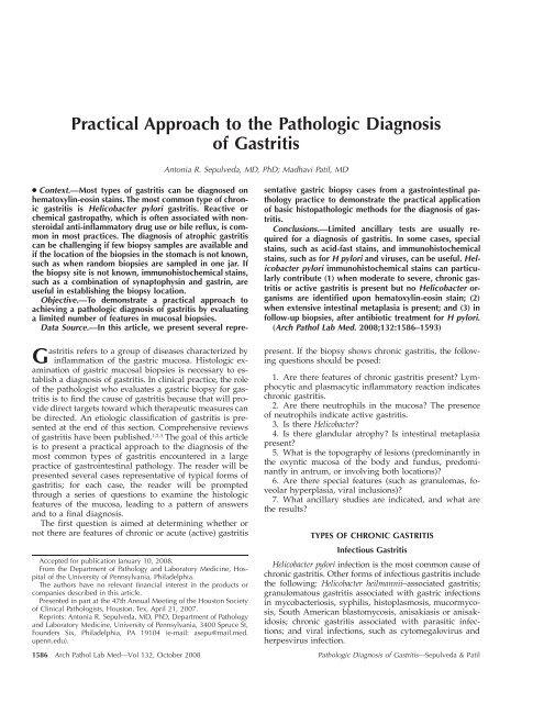 Practical Approach to the Pathologic Diagnosis of Gastritis