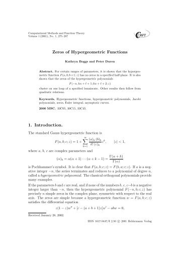 Zeros of Hypergeometric Functions 1. Introduction. - Heldermann ...