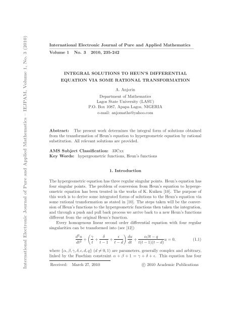 In te rn a tio n a l E le ctro n ic J o u rn a l o f P u re a n d A p p lie d M ...