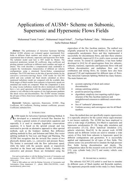 Applications of AUSM+ Scheme on Subsonic, Supersonic and ...