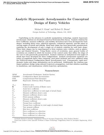 Analytic Hypersonic Aerodynamics for Conceptual Design of Entry ...