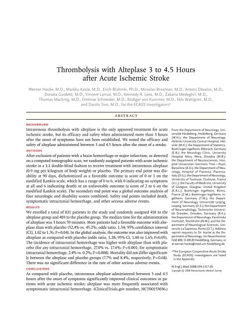 Thrombolysis with Alteplase 3 to 4.5 Hours after Acute Ischemic Stroke