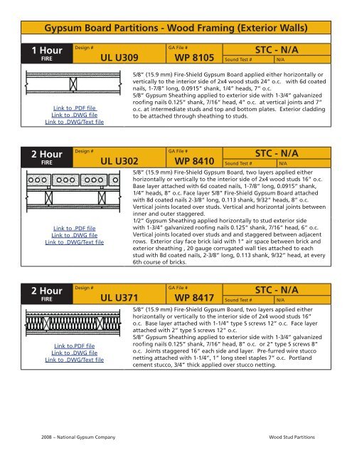 1 Hour UL U305 WP 3605 STC - 35 Gypsum Board Partitions ...