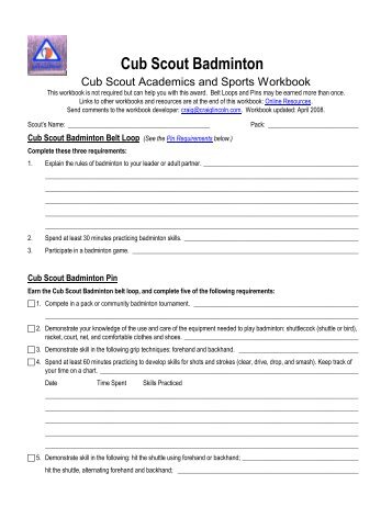 Cub Scout Badminton Worksheet - Merit Badge Research Center