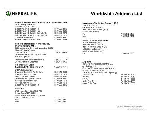Worldwide Address List - Herbalife International - Herbalife Around ...